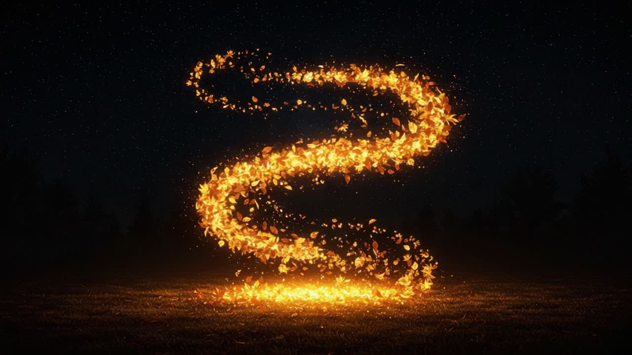 A mesmerizing display of swirling golden sparks and leaves creates an enchanting trail in the night sky, illuminating the darkness with its vibrant dance