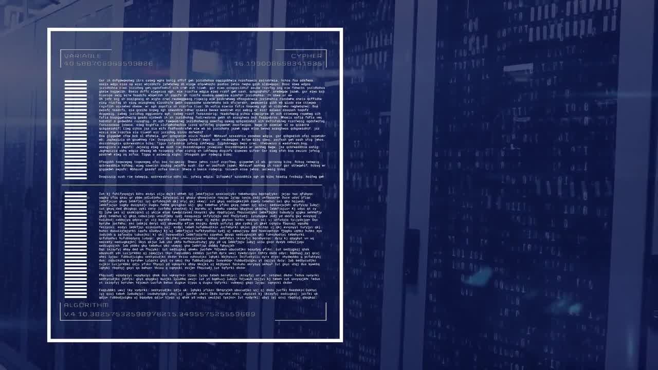Animation of loading bars, data and binary codes on data server racks in server room