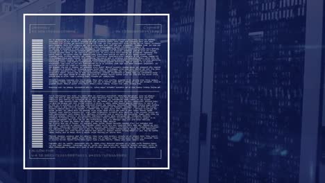 animation of loading bars, data and binary codes on data server racks in server room