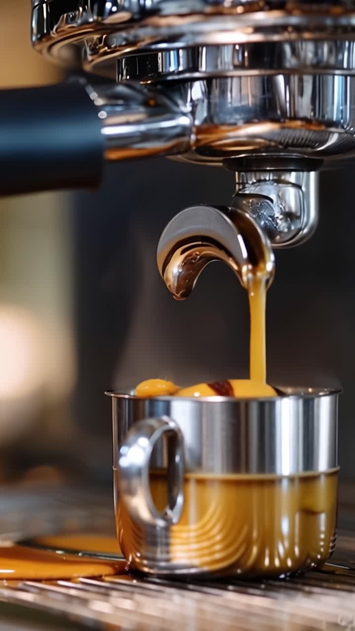Caffè Espresso Appena Preparato che Scorre in una Tazza d'Acciaio da una Macchina da Caffè Espresso, Catturando l'Immagine Perfetta di Caffè Ricco e Aromatico che Gocciola con Precisione