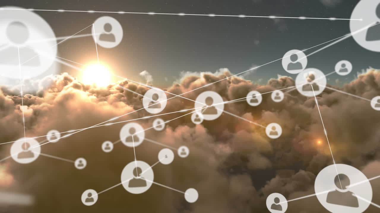 구름과 하늘 위의 아이콘으로 연결 네트워크의 애니메이션