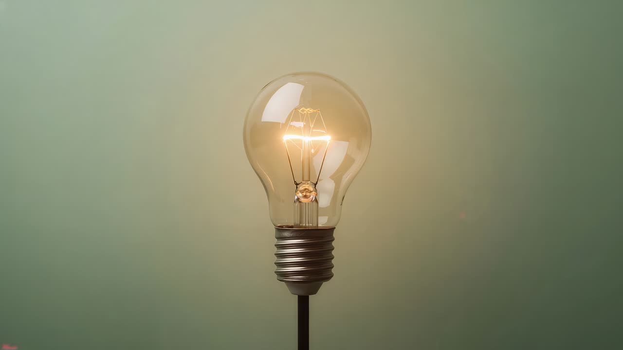 Accensione di una lampadina a filamento in vetro che si illumina su un supporto nero su una parete sfumata, proiettando una calda aureola luminosa