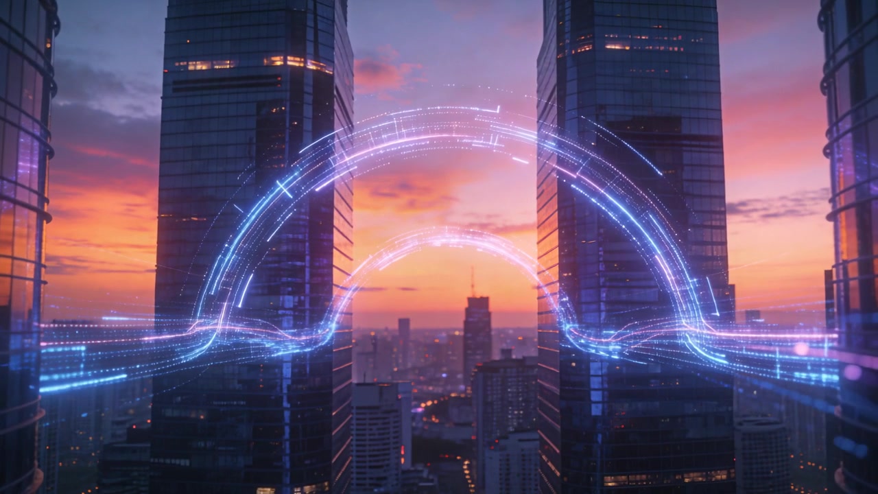 Appearing faint light ribbon, rising into blue arc with pulsing trails between two towers at sunset