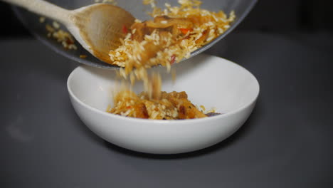 arroz frito con pollo cortado en un bol en casa