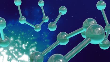 animation of micro 3d of molecules over glowing lights on blue background