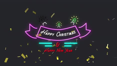 Animation-of-neon-christmas-greetings-over-decoration-and-confetti-falling-in-background