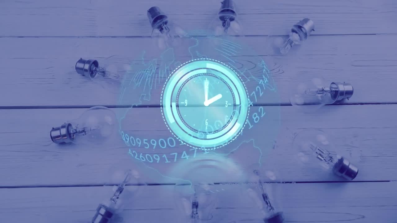 전구 위 에 있는 숫자 들 과 함께 지구 상 에서 빠르게 움직이는 시계 의 애니메이션