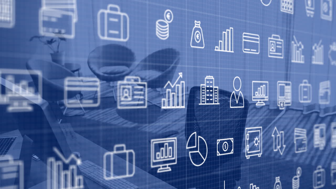 animación del procesamiento de datos financieros en computadora en el escritorio de la oficina