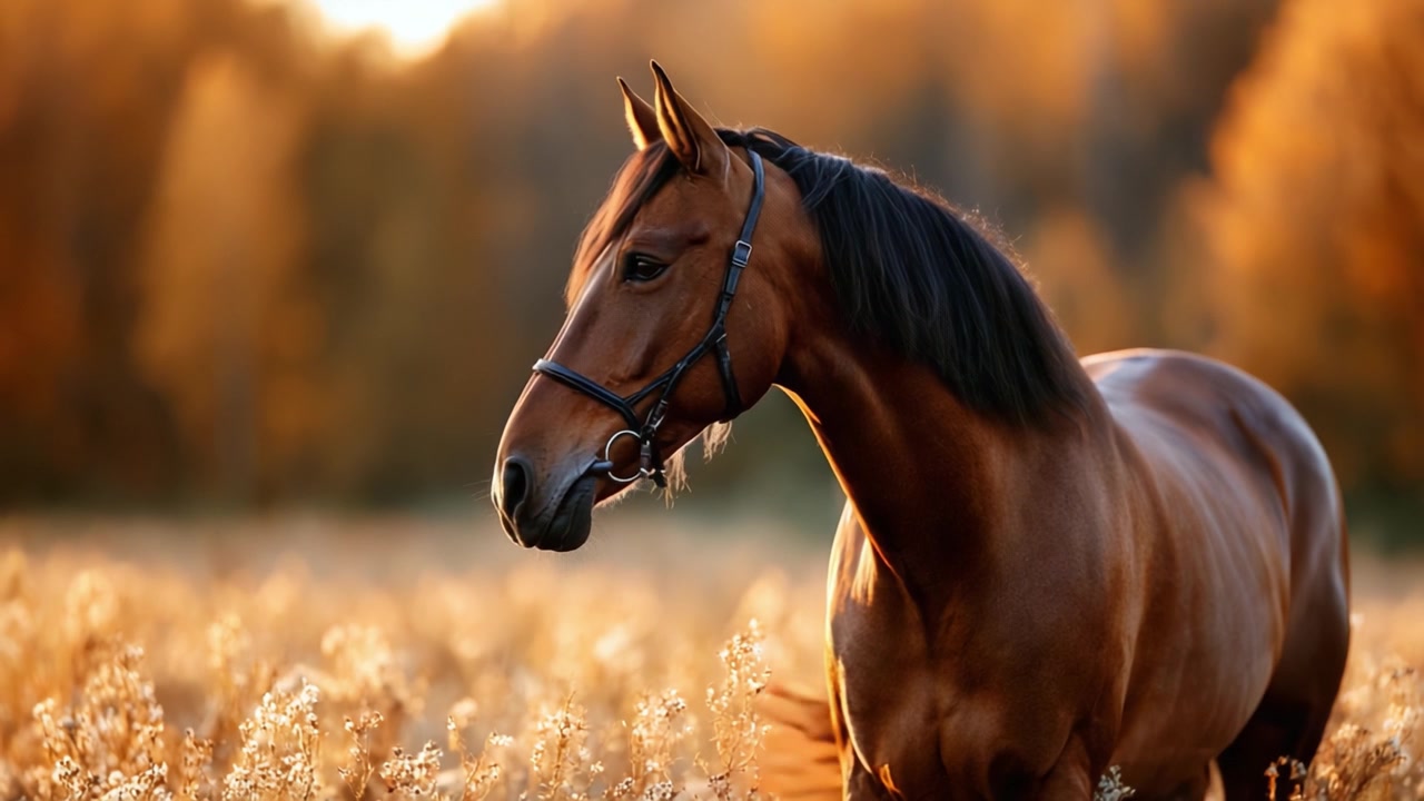 Un maestoso cavallo marrone si erge con grazia in un prato dorato, catturando l'essenza dell'autunno con la sua presenza imponente in un bellissimo sfondo illuminato dal sole.