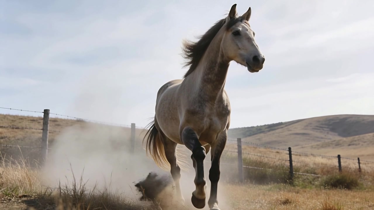 Cavallo pallido che corre, sollevando polvere mentre carica verso una telecamera bassa in un pascolo secco, recinzione di filo spinato.