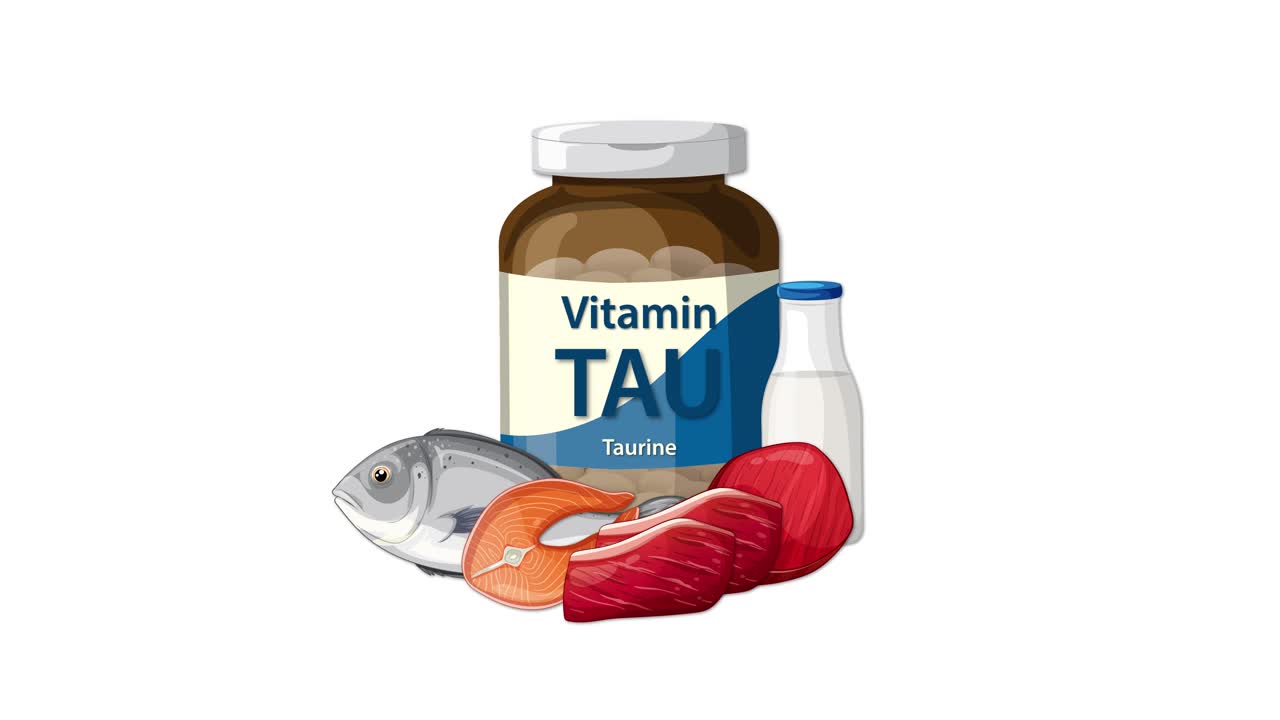 Taurine supplement bottle appears with fish, meat, milk, and egg on clean white background