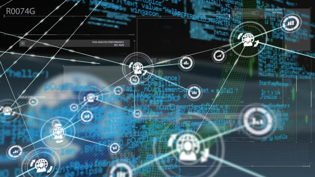 Animation of network of digital icons over interface with data processing against blue background