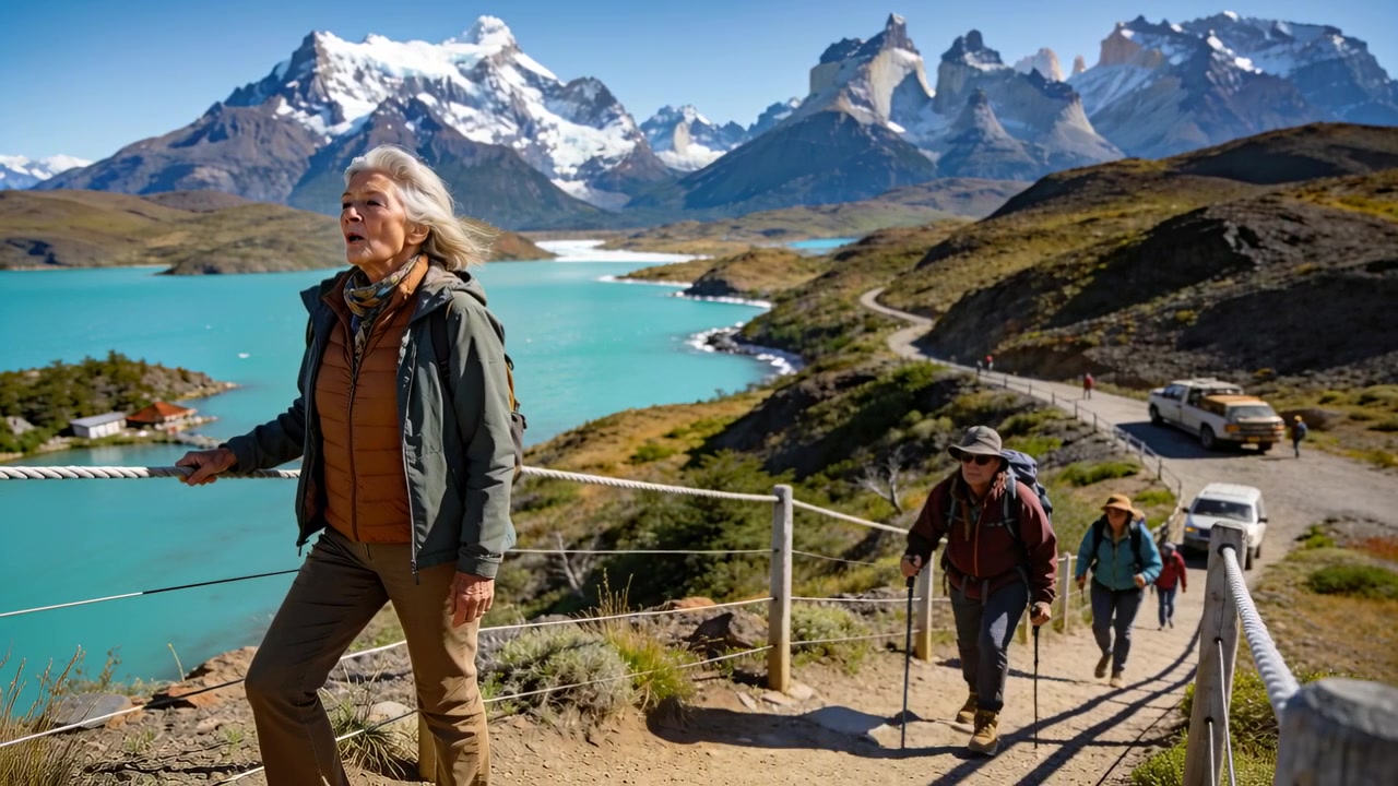 Un escursionista d'argento con giacca che si avvia sul sentiero, stabilizzandosi su una corda e conducendo un gruppo a un punto panoramico vicino al lago.