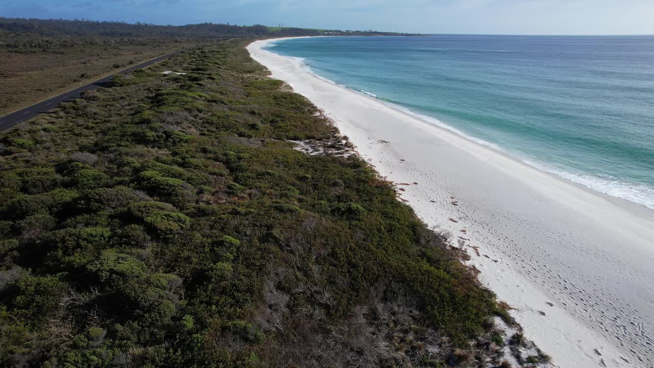 White Sandy Shore Of Taylors Beach In The Gardens, TAS, Australia - Drone Shot