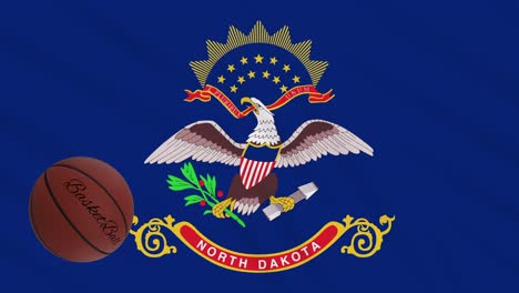 north dakota flag waving and basketball ball rotates, loop