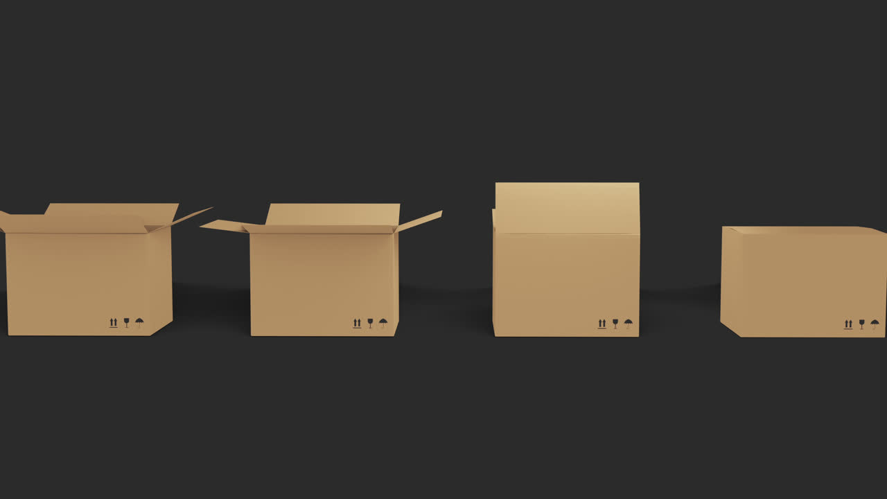 Seamless row of brown cardboard boxes with lids closing on black background