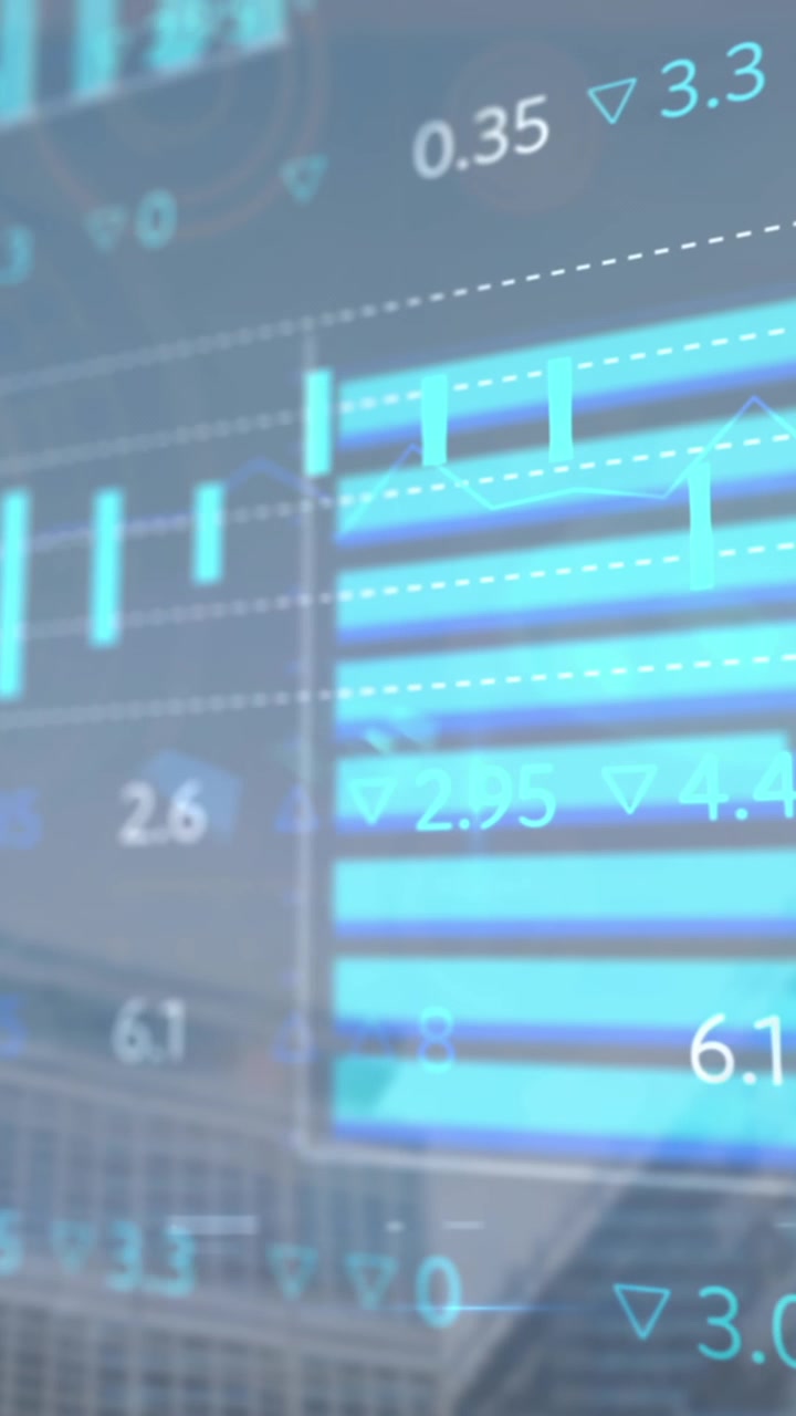 Animation of financial data processing over cityscape