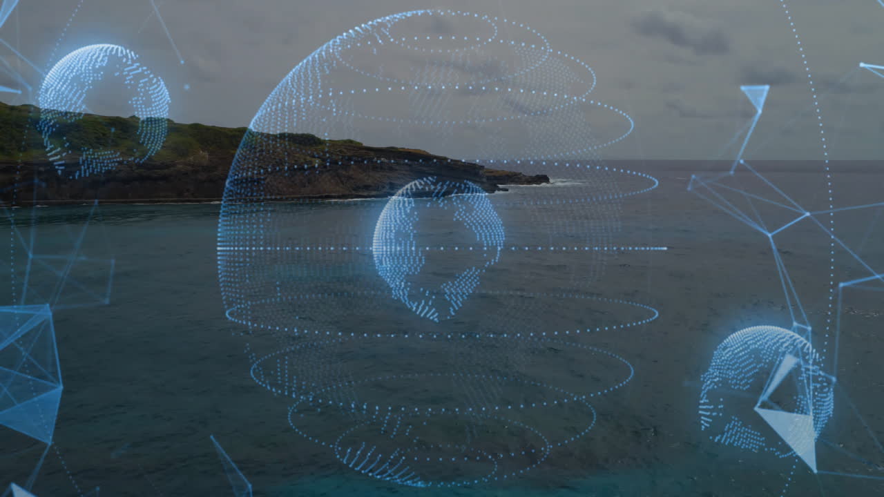 Holographic globe floating over coastal scene, showing dotted rings and connecting network lines