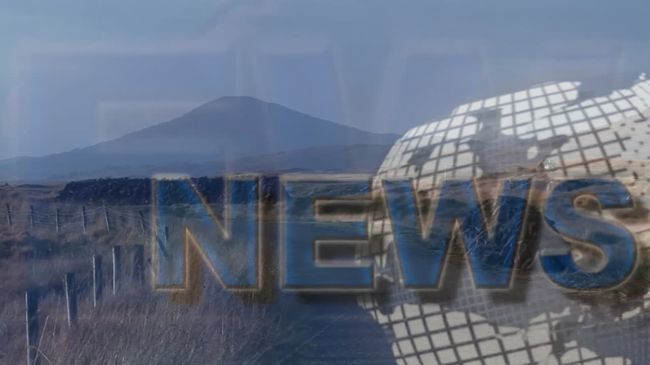 Bold blue metallic NEWS text floating over rural fence posts and stone wall with wireframe globe