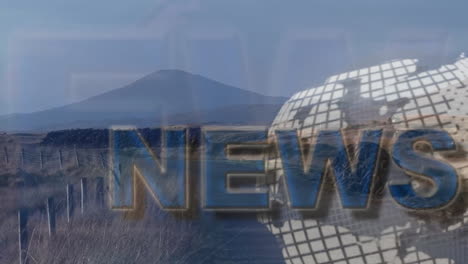 bold blue metallic news text floating over rural fence posts and stone wall with wireframe globe