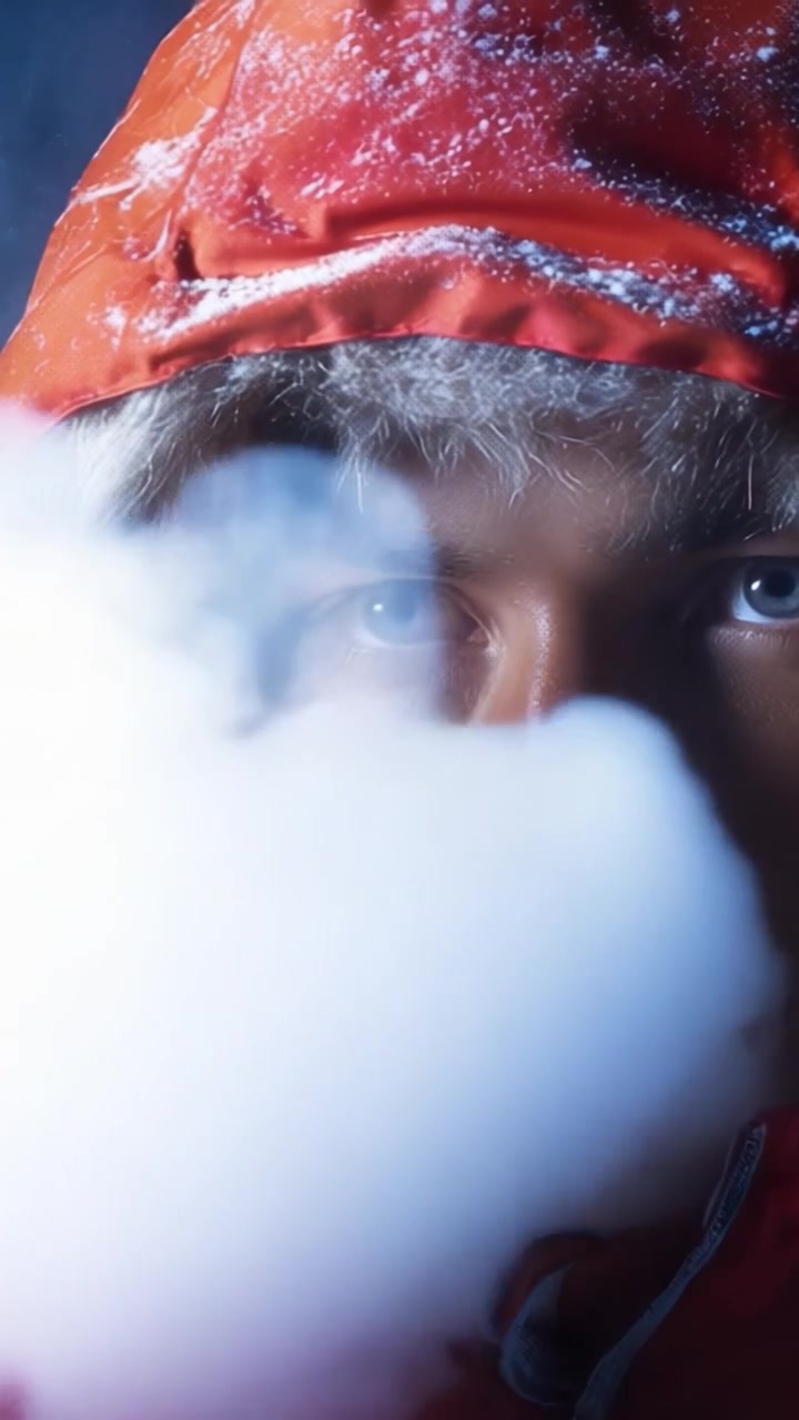 A close-up view of a person in a snow-covered environment, wearing a vibrant orange parka with a fur-lined hood, surrounded by swirling mist and snowflakes.