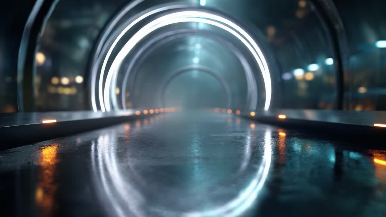 Futuristic tunnel view showcasing illuminated circular lights reflecting on a sleek surface, creating an atmosphere of depth and anticipation in a digital realm