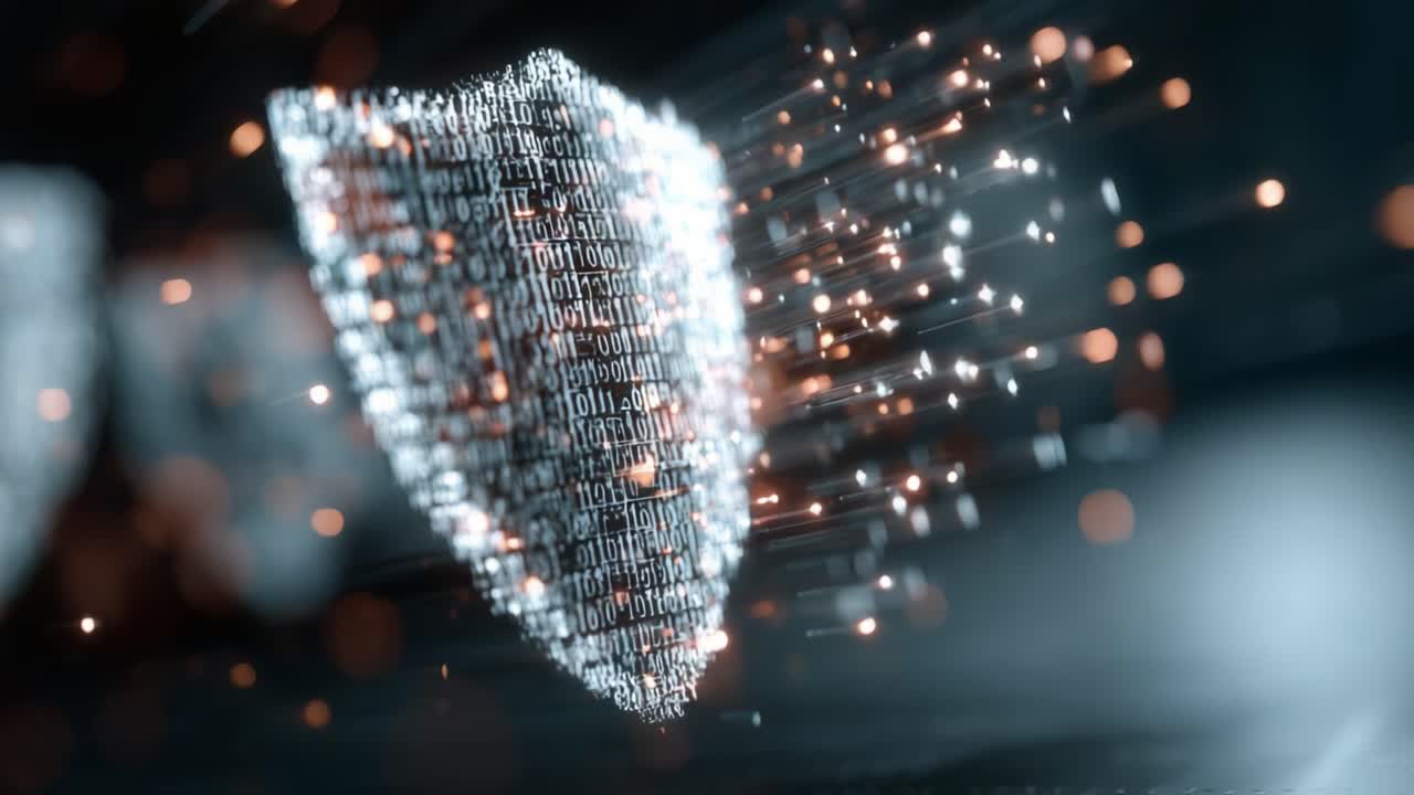 Dynamic Shield Representing Cybersecurity with Binary Code Flowing in a Digital Realm, Symbolizing Protection Against Data Breaches and Cyber Threats