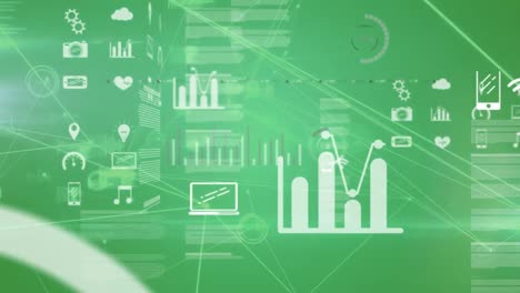 animation of data processing and network of connections on green background