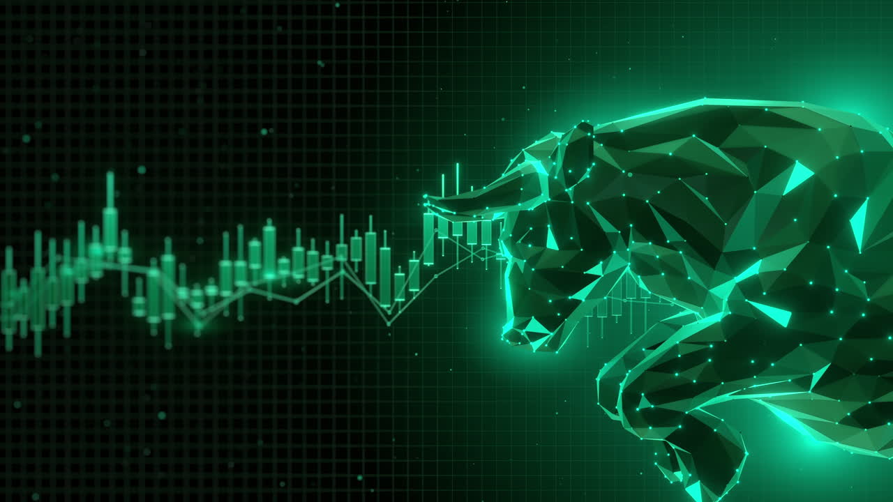 Fundo futurista de mercado em alta para negociação de ações. Rede gráfica de grade de tecnologia digital. Análise de tendência de crescimento altista. Conceito gráfico de movimento dinâmico.