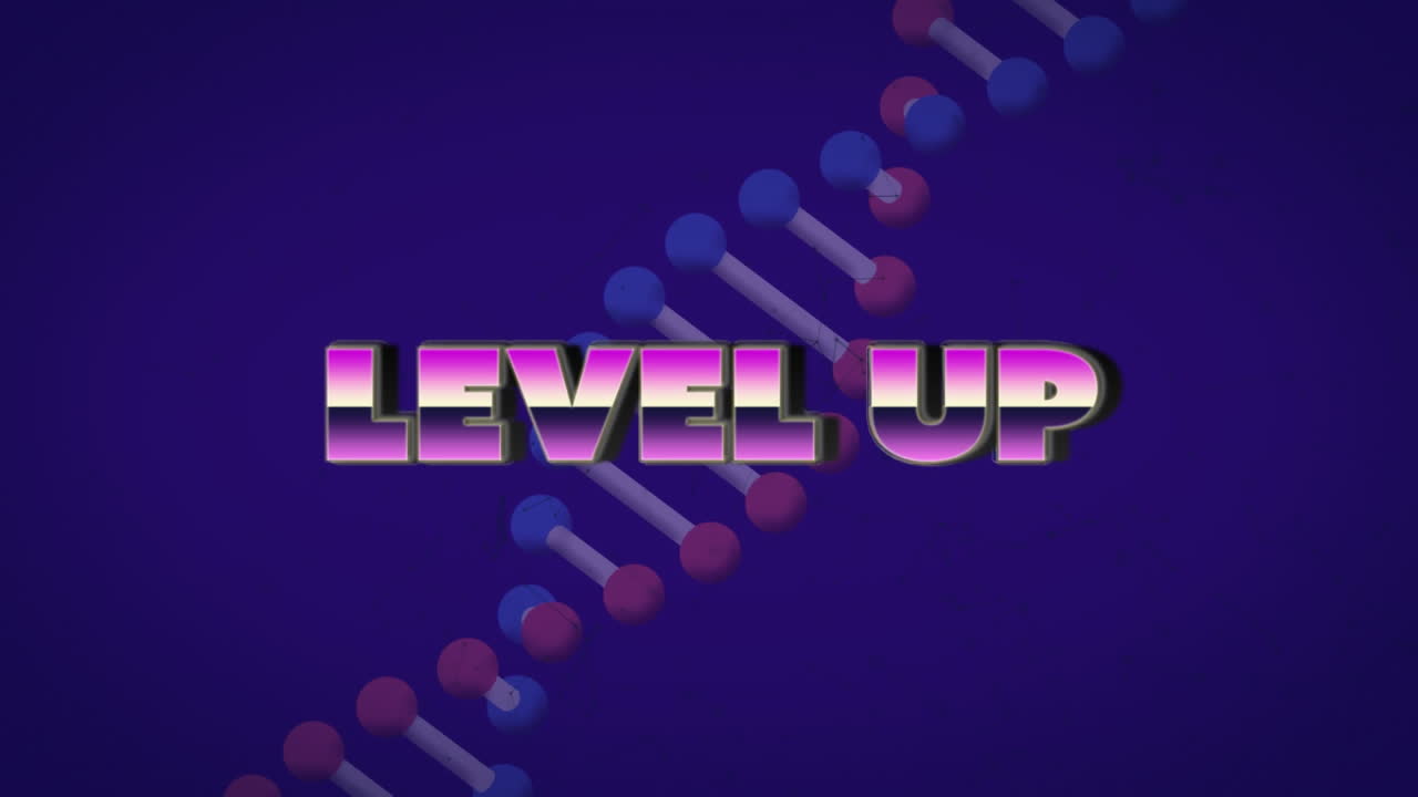 Animation of level up text over dna strand on blue background