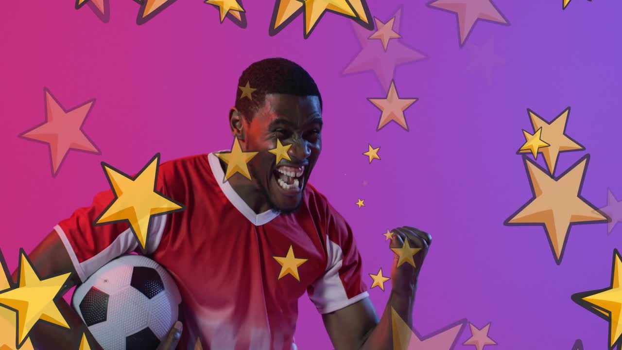 animación de un jugador de fútbol afroamericano sobre estrellas