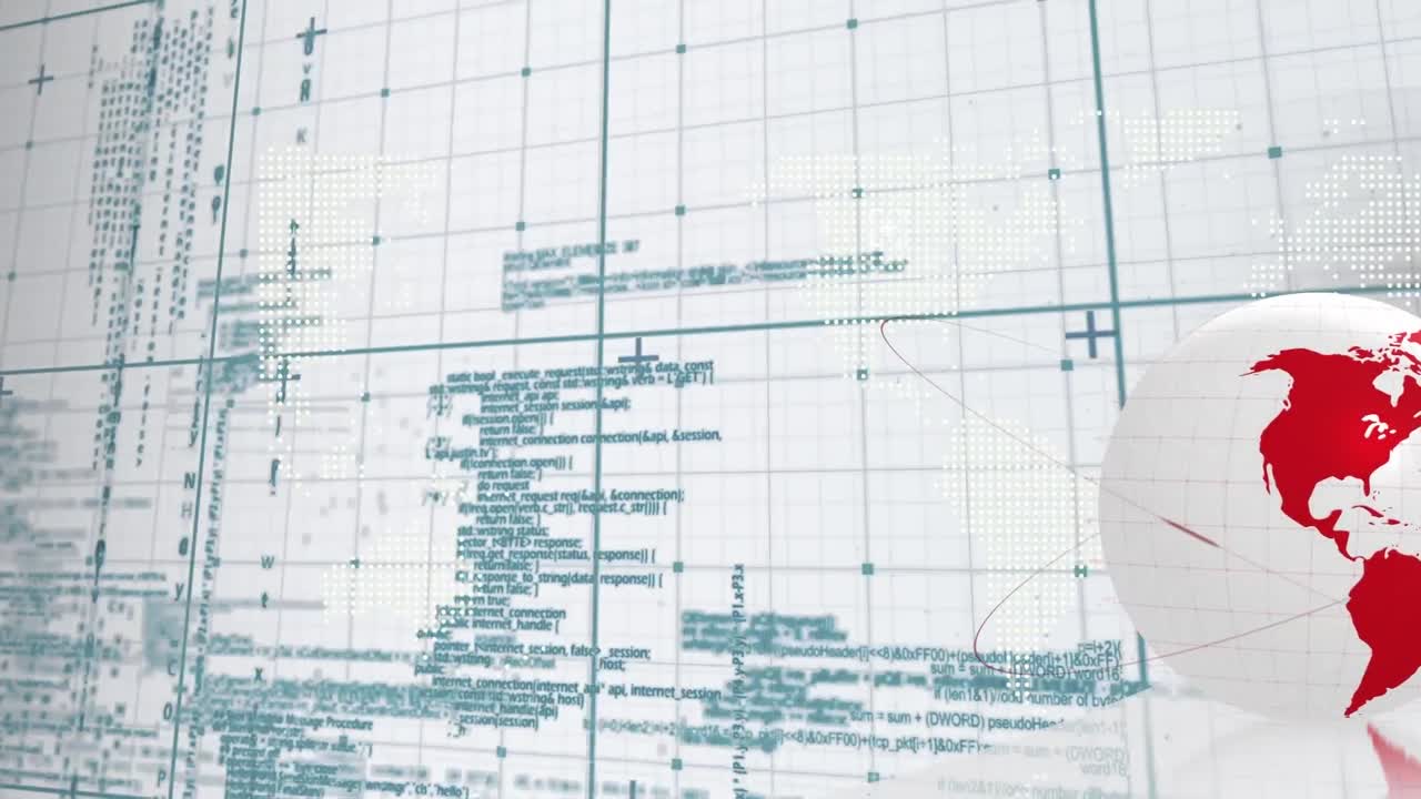 Animation of globe over network of connections and data processing on white background