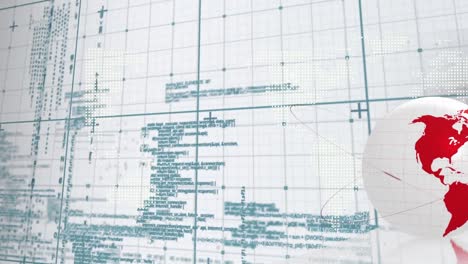 Animation-of-globe-over-network-of-connections-and-data-processing-on-white-background