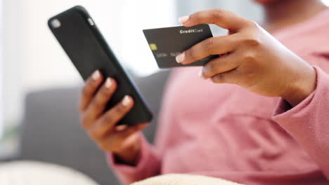 black woman hands, phone and credit card