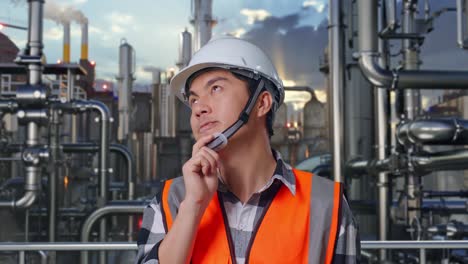 close up of asian male engineer with safety helmet thinking about something and looking around while standing in a refinery, oil processing equipment and machinery