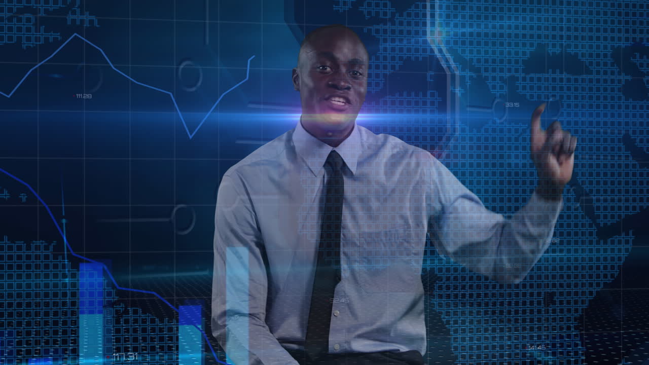 animación de un empresario afroamericano hablando sobre el procesamiento de datos