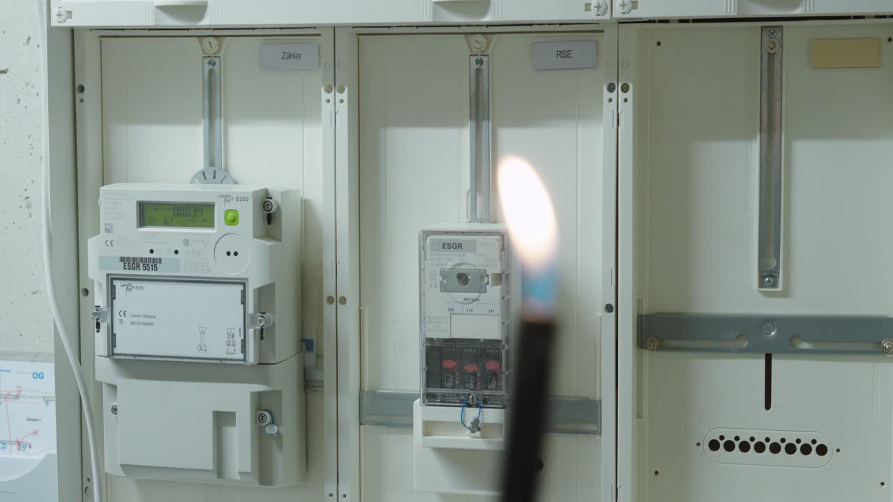 技術室の電気制御盤の前で掲げられた炎のクローズアップ。深刻な火災の危険性、職場の安全違反、産業上のリスクシナリオを示す