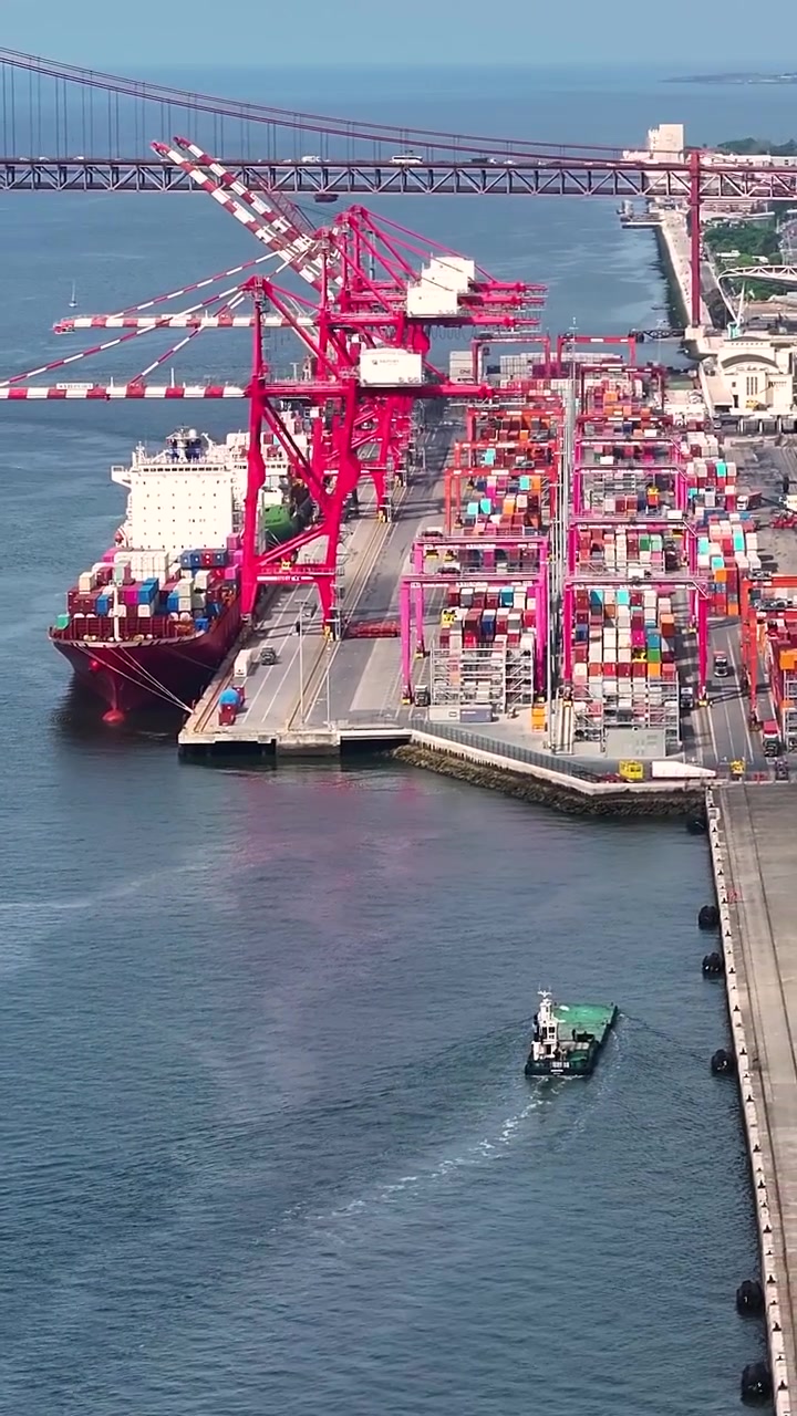 Aerial view of a container terminal with cranes unloading cargo from ships. Ships and trucks move shipping containers along the waterfront. Activity occurs throughout the day in this busy port.