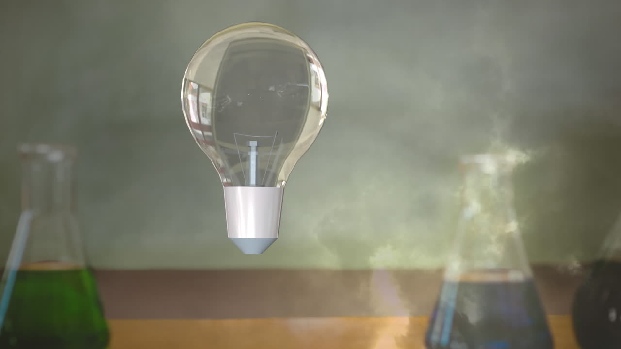 실험실 컵의 배경 위에 있는 전구의 애니메이션