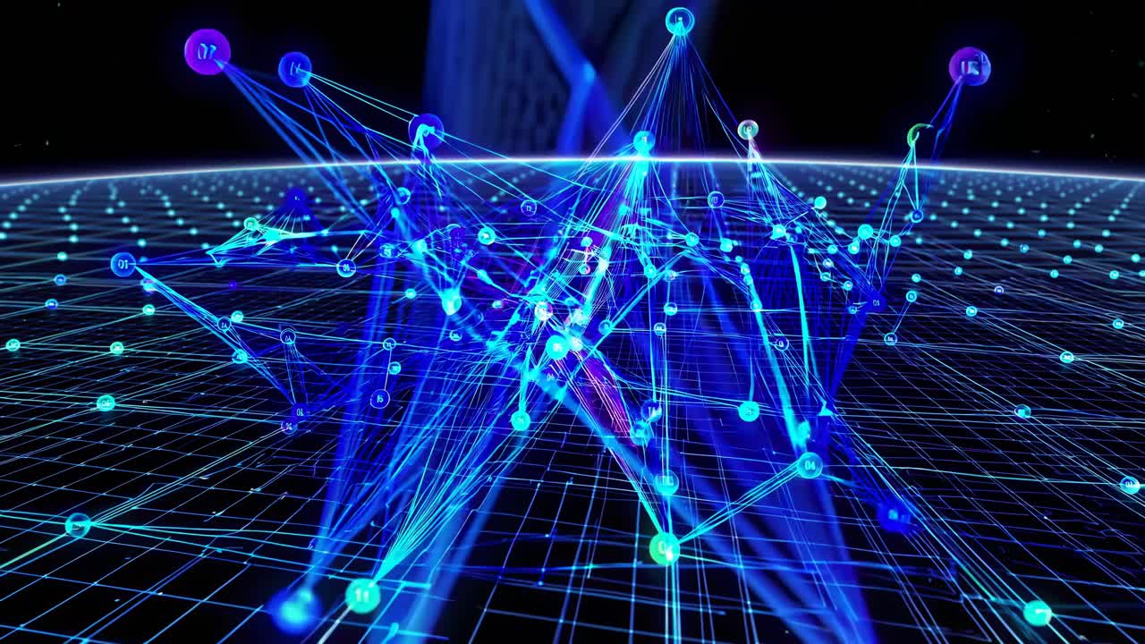 Futuristic digital network with glowing lines and nodes, viewed from a high-angle perspective
