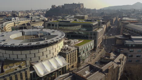 aerial shot of edinburgh city centre, including international conference centre and edinburgh castle