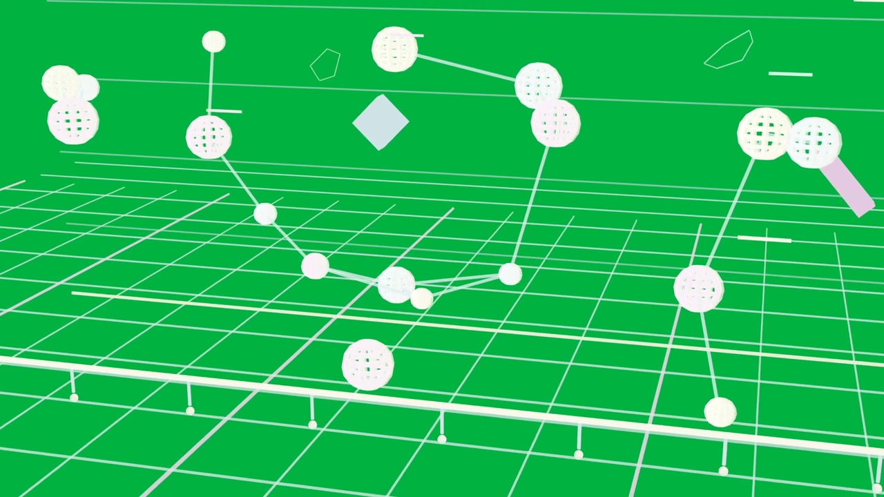 Camera zooming, grid expanding, nodes forming U chain, towers showing data on transparent backdrop
