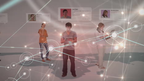 network connections and social media profiles animation over diverse people using devices