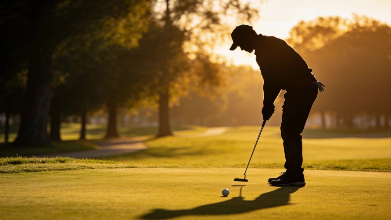 Golfista con cappellino che si allinea preparando il putt sul green, spostando il putter, mirando a imbucare la palla, con spazio per il testo.