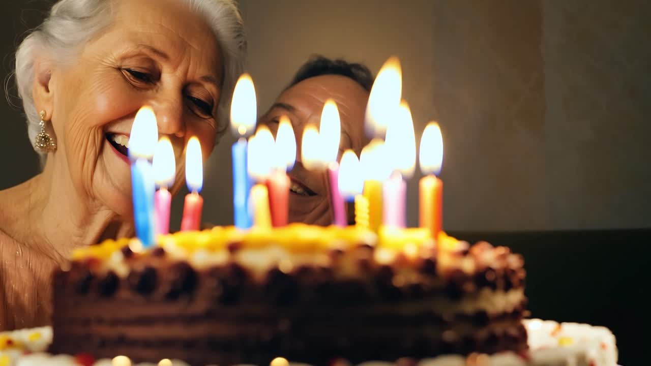 Coppia di anziani felici che festeggia il compleanno con torta e candeline