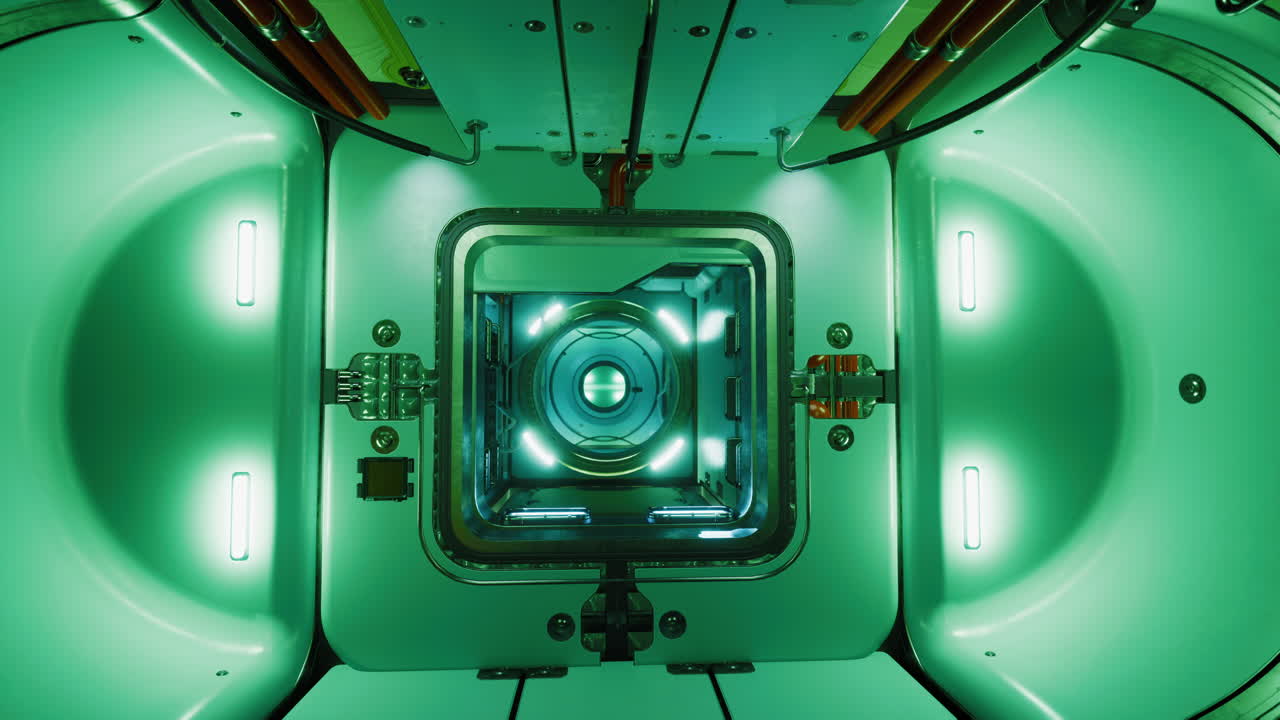 미래의 녹색 우주선 인테리어