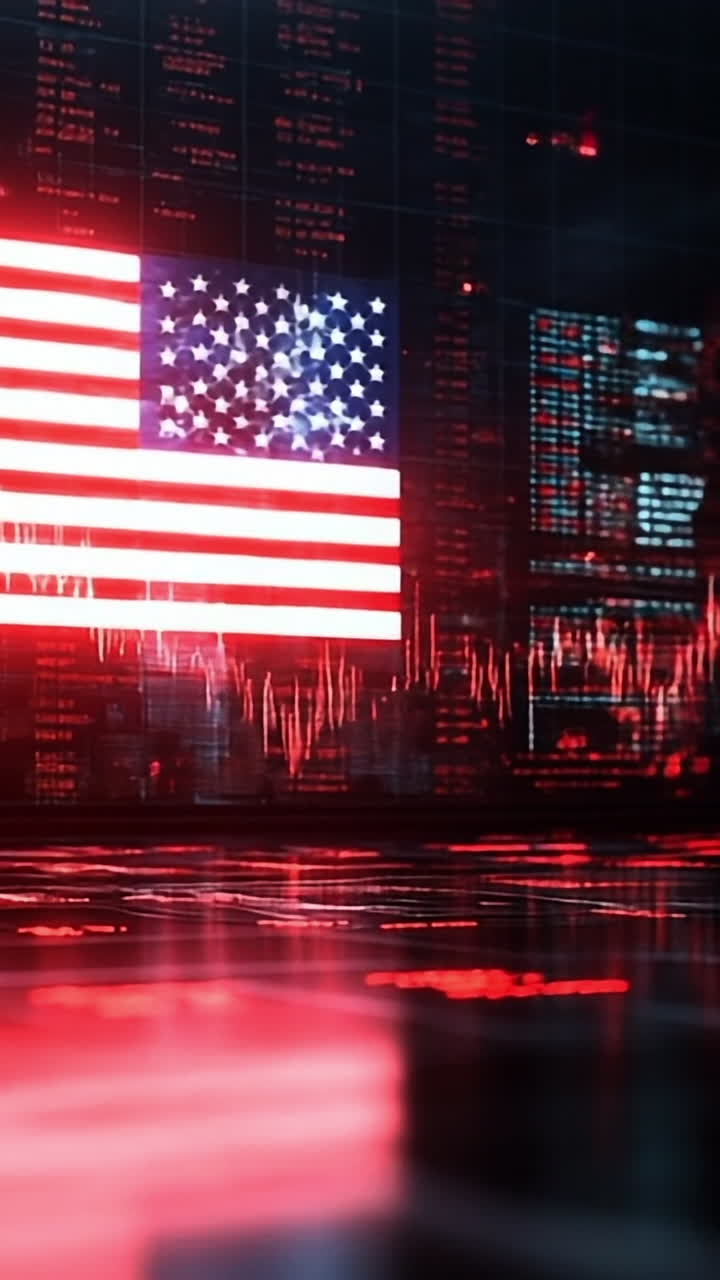 American flag in market data. Bright American flag displayed against stock market data in a vibrant digital environment with dynamic trading visuals.