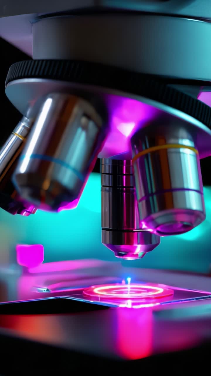 Detailed Close-Up of a Microscope with Colorful Lighting Highlighting the Lens and Stage, Emphasizing the Precision in Scientific Observation