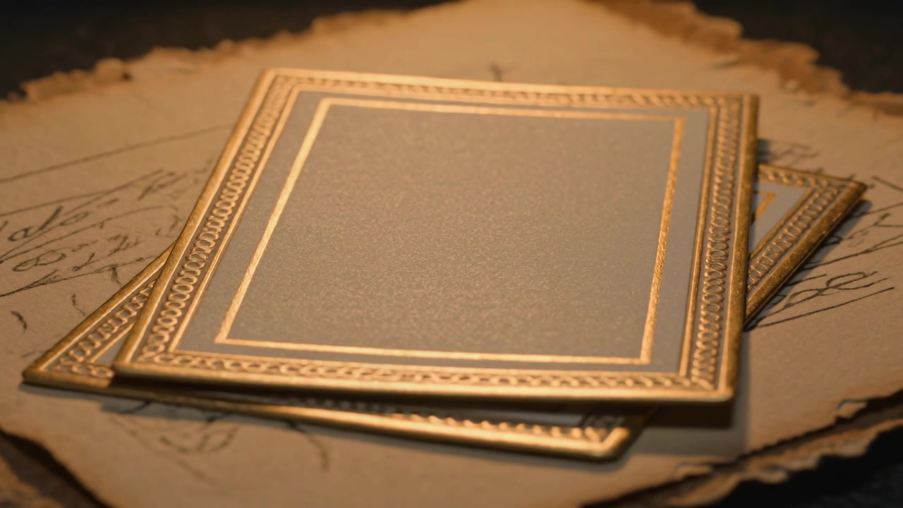 Tilting camera focusing, revealing gold foil cards on table over aged script, showing foil border