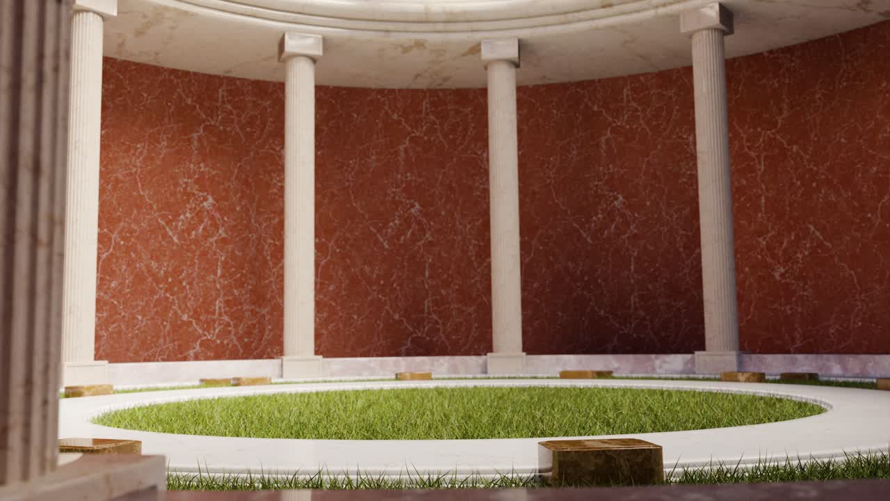 Interior of circular building with columns and grass lawn. 3d animation